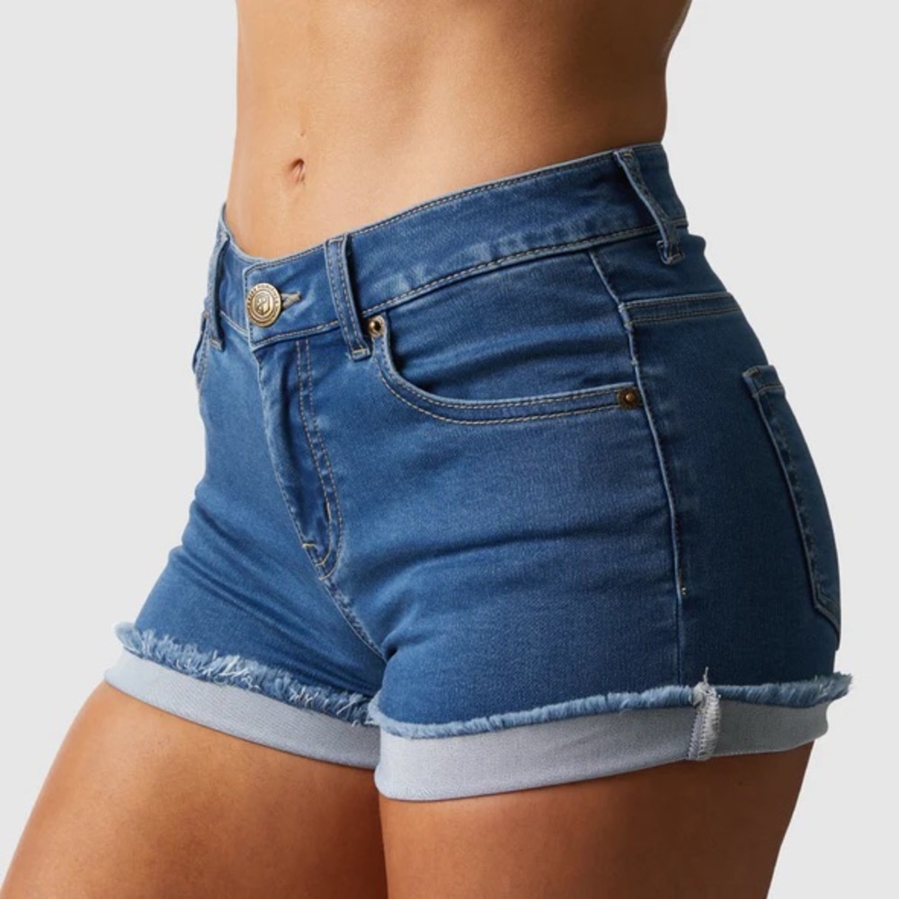Columbian Fit High Waisted Booty Lifting Dark Denim Blue Shorts Stretchy Size 3